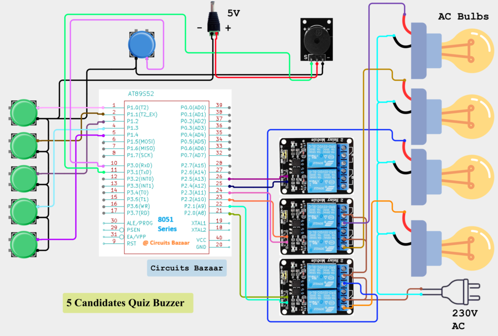Five Candidates Quiz Buzzer Using 8051 Microcontroller – A Complete Guide 3 5 candidates quiz buzzer project circuit diagram