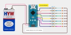 Complete circuit schematic of POV display with Arduino Uno, Nano, ESC controller, and LED array with resistors