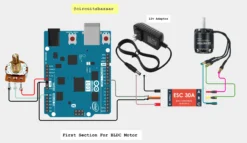 Circuit diagram showing Arduino Uno connections to ESC and potentiometer for BLDC motor speed control
