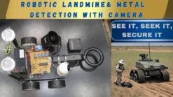 Metal detecting robot for college project with8051 circuit, wireless controller, and sensor setup