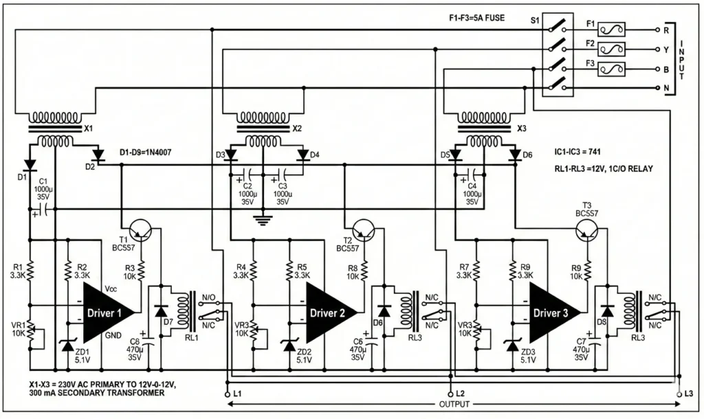 Automatic Three Phase Changer relay interconnection and load wiring