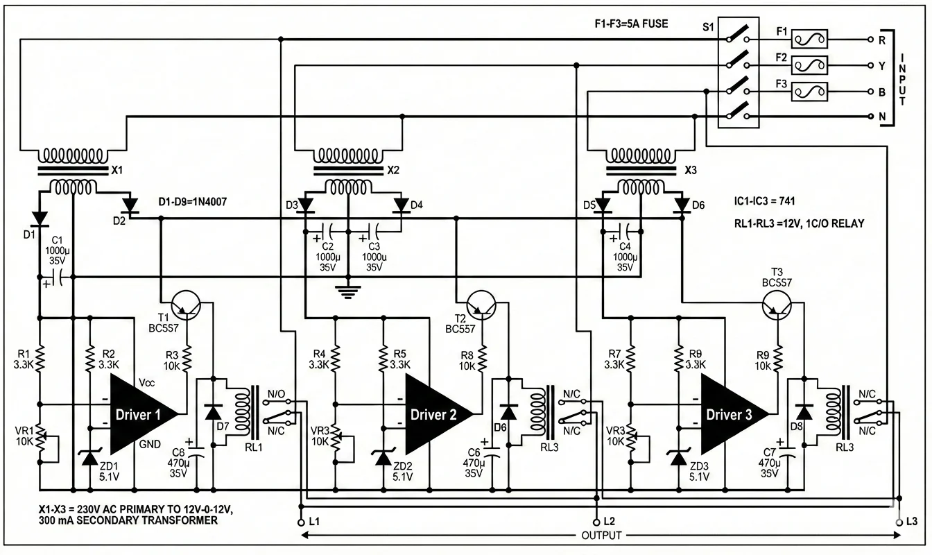 Automatic Three Phase Changer Project Using Relay Logic | Electrical Engineering Project 7 Automatic Three Phase Changer relay interconnection and load wiring