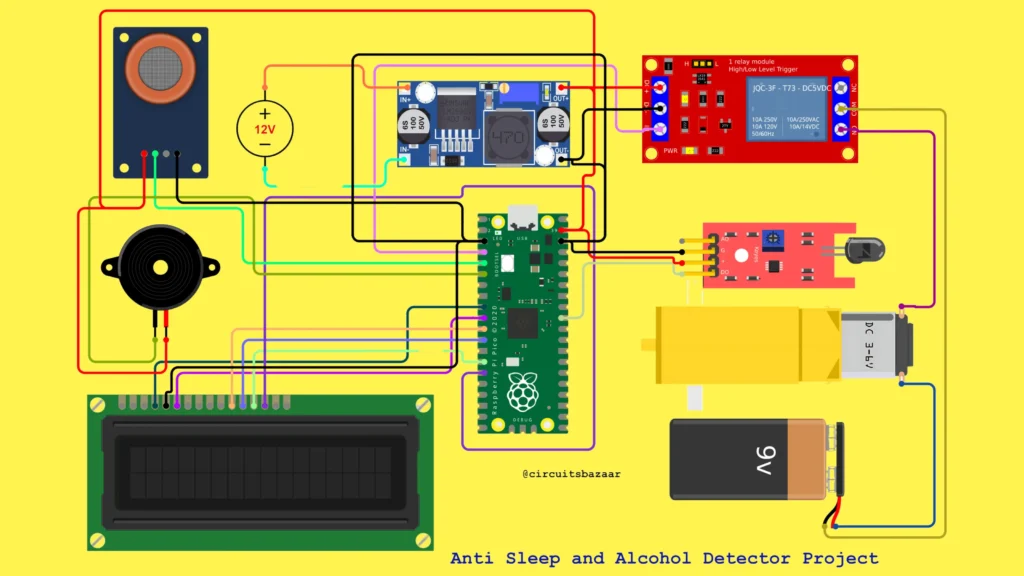 Anti Sleep Alarm Project circuit diagram with Raspberry Pi Pico