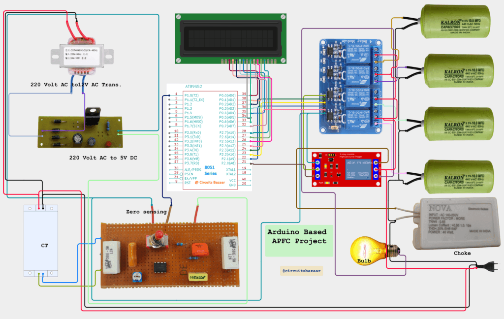 automatic power factor correction circuit diagram using 8051 microcontroller with relay and capacitor bank